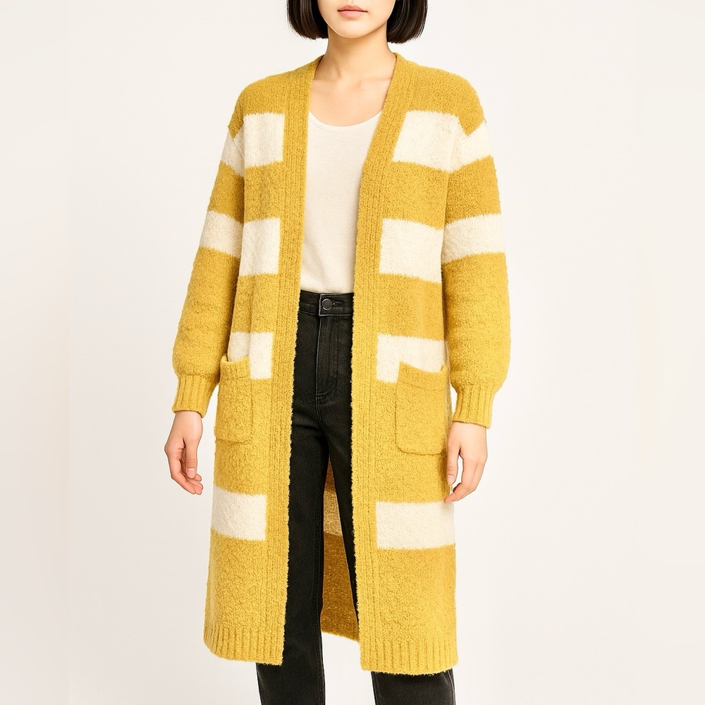 KNITTED LONG CARDIGAN DROP SHOULDER- WHITE CANARY / SOFT WOOL
